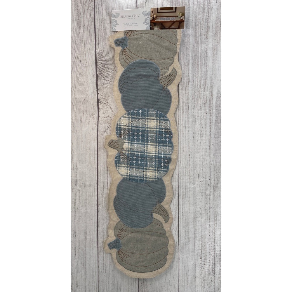 Shabby Chic Table Runner 14x48 Blue Grey Pumpkin Applique Farmhouse Fall Autumn